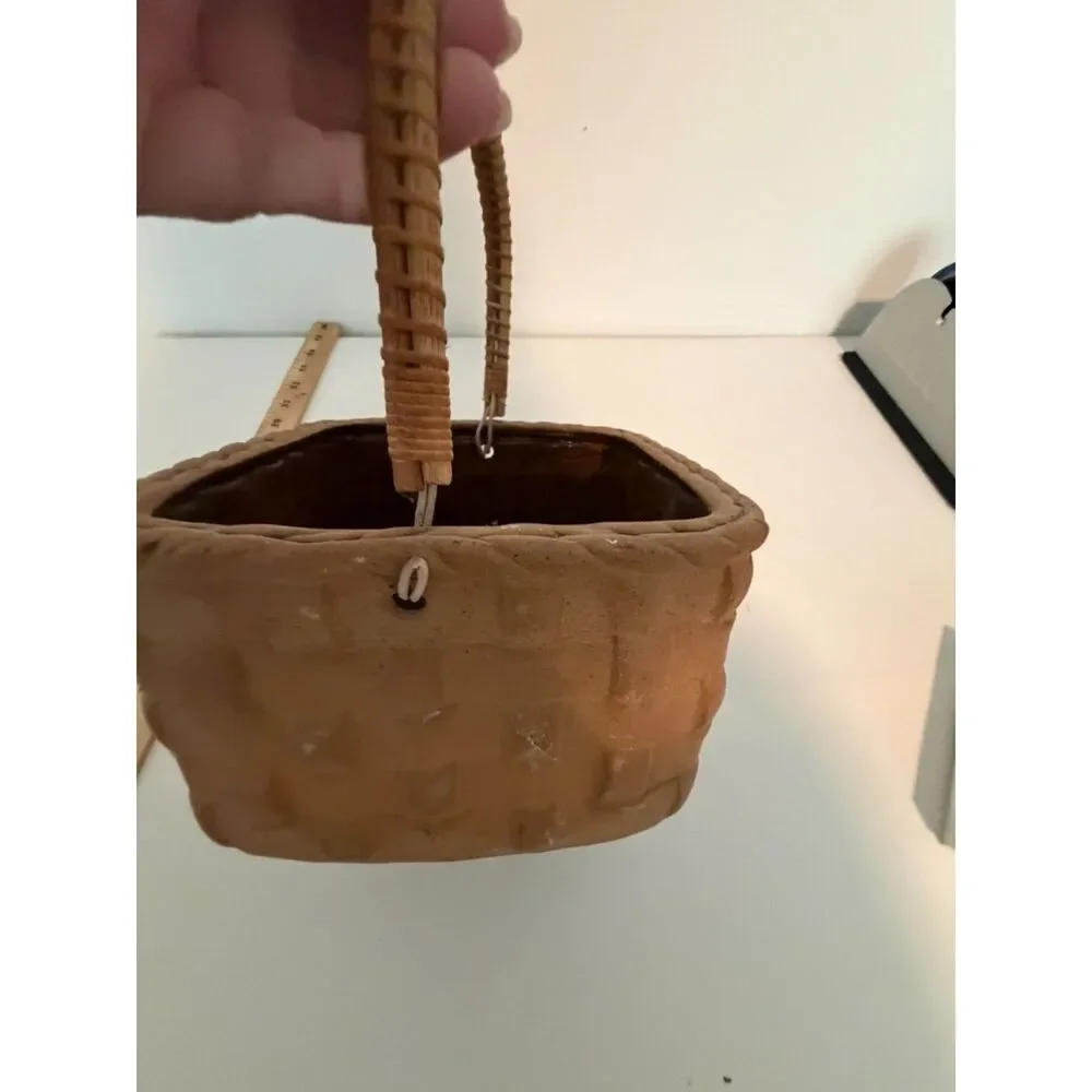 vtg. Japanese trompe l'oeil ceramic basket with braided handle